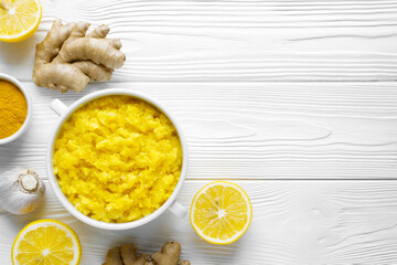 Home remedy bowl that will make immune system stronger and powerful with lemon and ginger with...