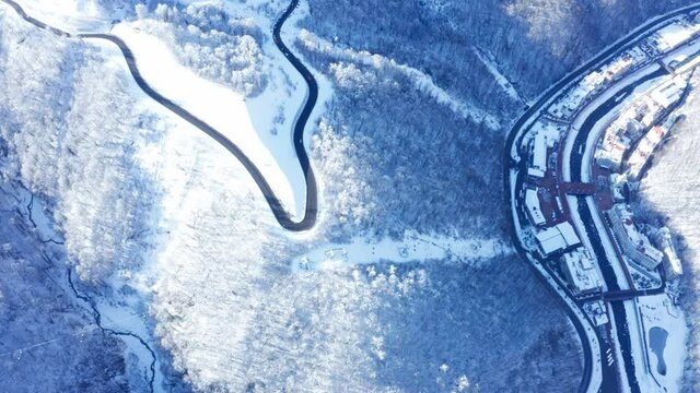 Aerial drone view of highway in winter