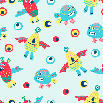 Seamless pattern with hand drawn funny monsters. Cheerful wallpaper for children, background for kids stationery