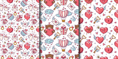 Set of seamless patterns with valentines day and love objects in doodle style on white background