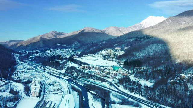 Aerial view of the ski resort village in winter