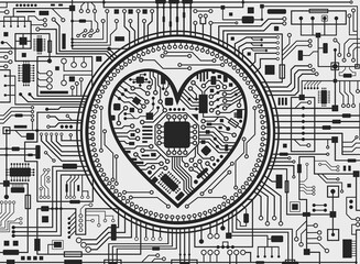 Valentines day black and white background. Abstract technology heart. IT love symbol. Vector illustration.