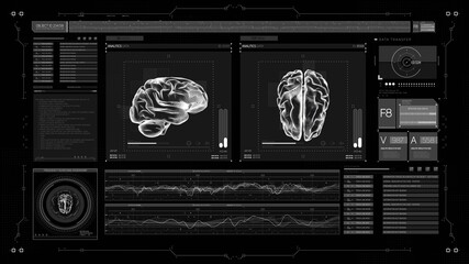 Futuristic UI HUD Head up display medical screen with 3d brain illustrations.