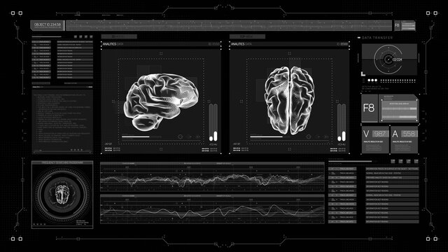 Futuristic UI HUD Head up display medical screen with 3d brain illustrations.