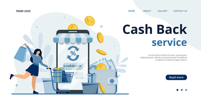 Cashback and saving money concept with coins.Money refund.Online cash back for purchase service vector illustration.Bonus card.Ecommerce business.Shopping online.Loyalty reward points. Happy buyers
