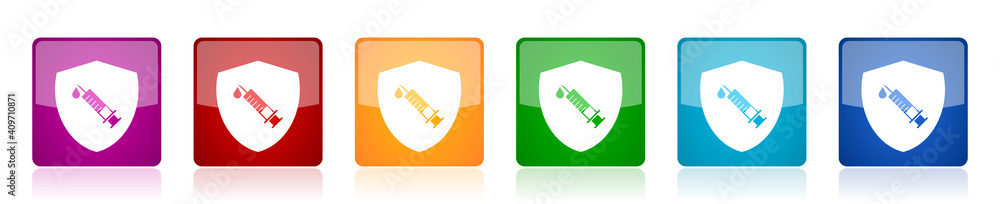 Aufkleber vaccine shield concept icon set, square glossy vector buttons in 6 colors options for webdesign and 