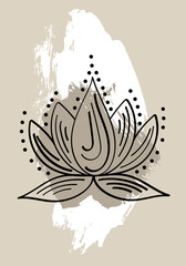 Graphical flower illustration. Lotus flower line art, beige pattern background.