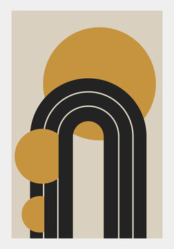 Art print trendy retro geometric cover with rainbow,  sun, arch, vintage design. Use for placards, brochures, posters, banners, wall decoration. Black, yellow. Home interior poster. Background.