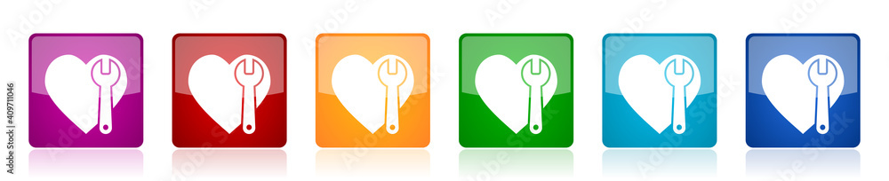 Poster Wrench and heart icon set, square glossy vector buttons in 6 colors options for webdesign and mobile applications