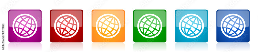 Poster World, globe icon set, square glossy vector buttons in 6 colors options for webdesign and mobile applications