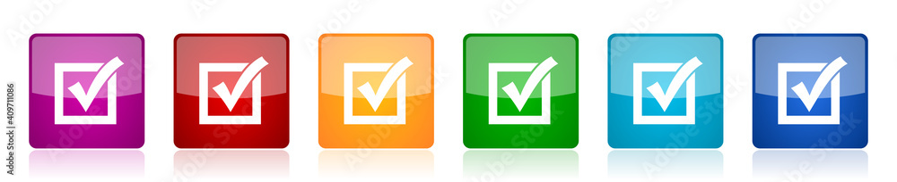 Aufkleber Correct, check box icon set, square glossy vector buttons in 6 colors options for webdesign and mobile applications