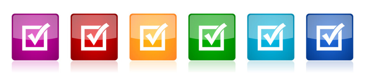 Correct, check box icon set, square glossy vector buttons in 6 colors options for webdesign and mobile applications