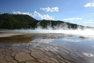 Close-up view of the bacterial mat and rising steam at the Grand Prismatic Spring at Yellowstone National Park