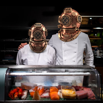 sushi men. restaurante retrato com escafandro