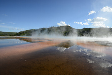 Close-up view of the bacterial mat and rising steam at the Grand Prismatic Spring at Yellowstone National Park
