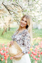 Young woman in full height in a beautiful garden in spring. White apple trees bloom and pink tulips. A blonde woman holds a hat in her hands