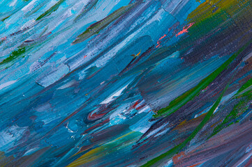 Abstract creative background: streaks and strokes of bright oil paint on linen canvas before tone priming