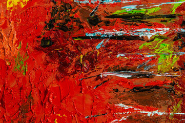 Abstract creative background: streaks and strokes of bright oil paint on linen canvas before tone priming