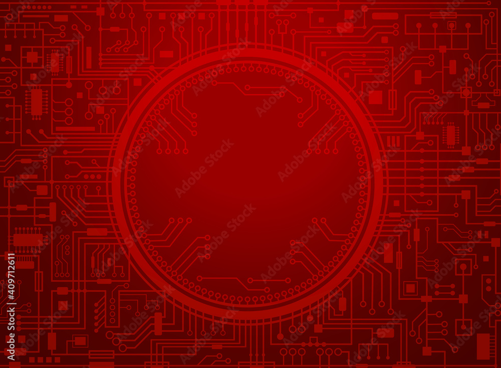 Poster computer circuit board on red background with round copy-space in the center. futuristic technology 