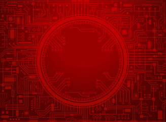 Computer circuit board on red background with round copy-space in the center. Futuristic technology concept banner. Vector hi-tech horizontal illustration with copy-space.