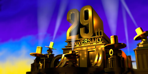 29th anniversary in thick letters on a golden building illuminated by 6 floodlights with white light on a blue sky at sunset. 3D Illustration.