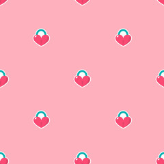 Keys, locks and hearts vector turquoise seamless pattern. Happy Valentine's day pink background.