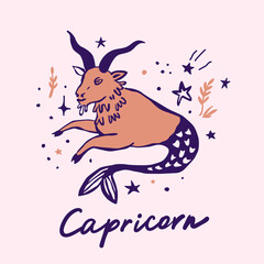 Capricorn zodiac sign cute whimsical flat astrological art illustration
