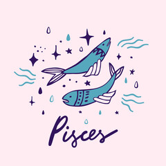 Pisces zodiac sign cute whimsical flat astrological art illustration
