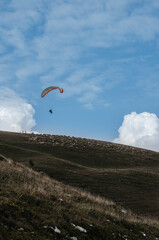 Flying on a paraglider.  View of the Monte Baldo mountain, Italy, from a height.