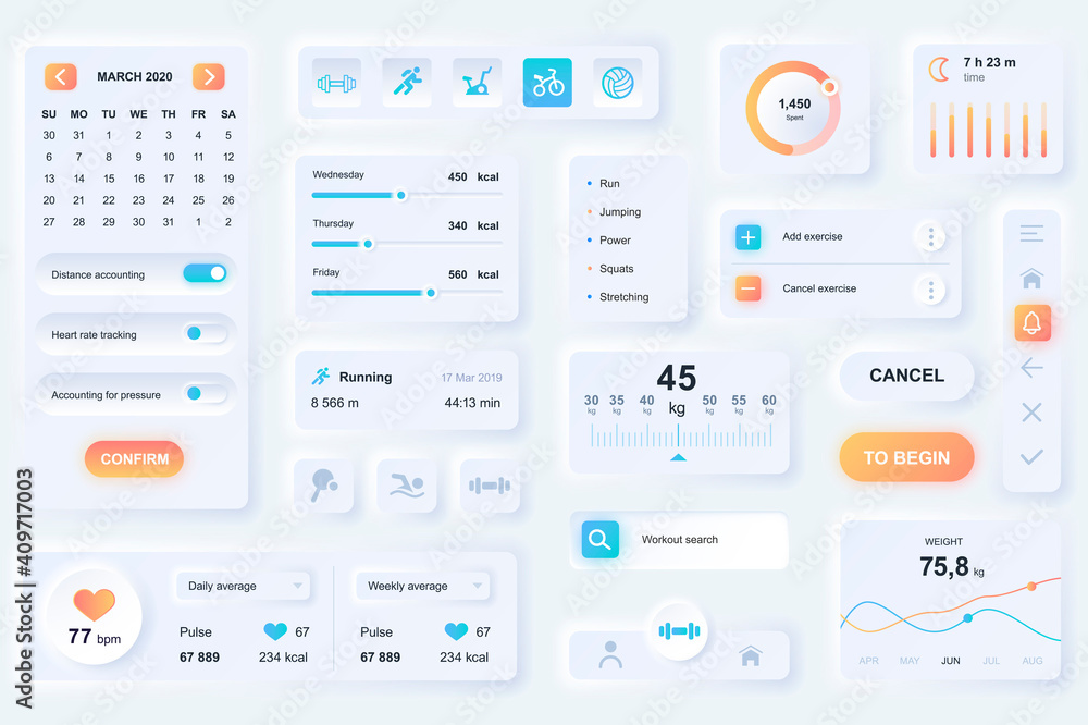 Poster user interface elements for fitness mobile app. unique neumorphic design ui, ux, gui, kit elements t