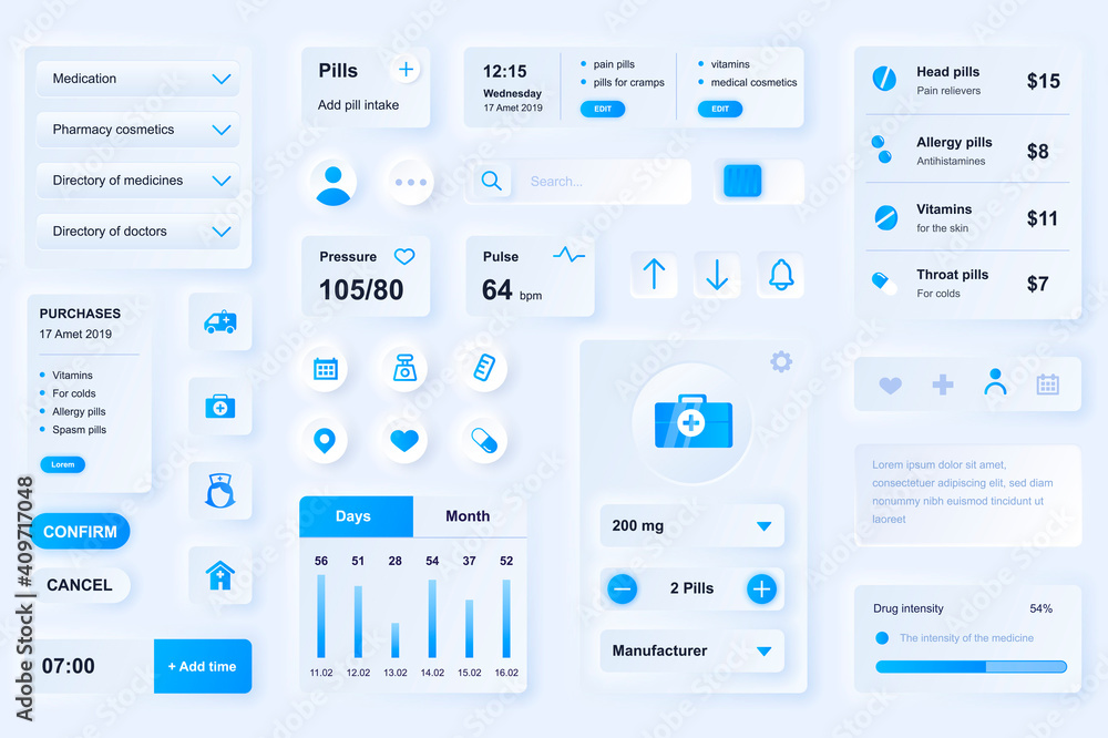 Poster User interface elements for medical mobile app. Unique neumorphic design UI, UX, GUI, KIT elements template. Neumorphism style. Different form, components, button, menu, medicine vector icons.