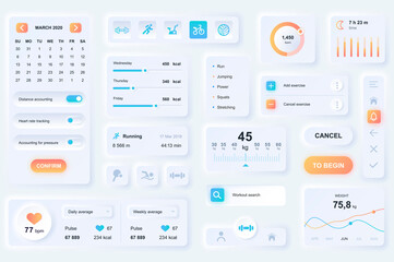User interface elements for fitness mobile app. Unique neumorphic design UI, UX, GUI, KIT elements template. Neumorphism style. Different form, components, button, menu, sport vector icons.