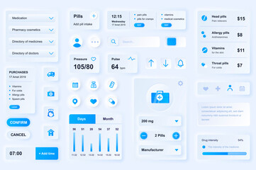 User interface elements for medical mobile app. Unique neumorphic design UI, UX, GUI, KIT elements template. Neumorphism style. Different form, components, button, menu, medicine vector icons. - obrazy, fototapety, plakaty