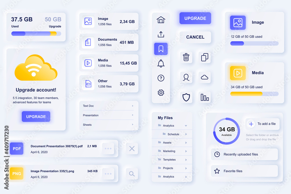 Poster user interface elements for cloud technology mobile app. unique neumorphic design ui, ux, gui, kit e