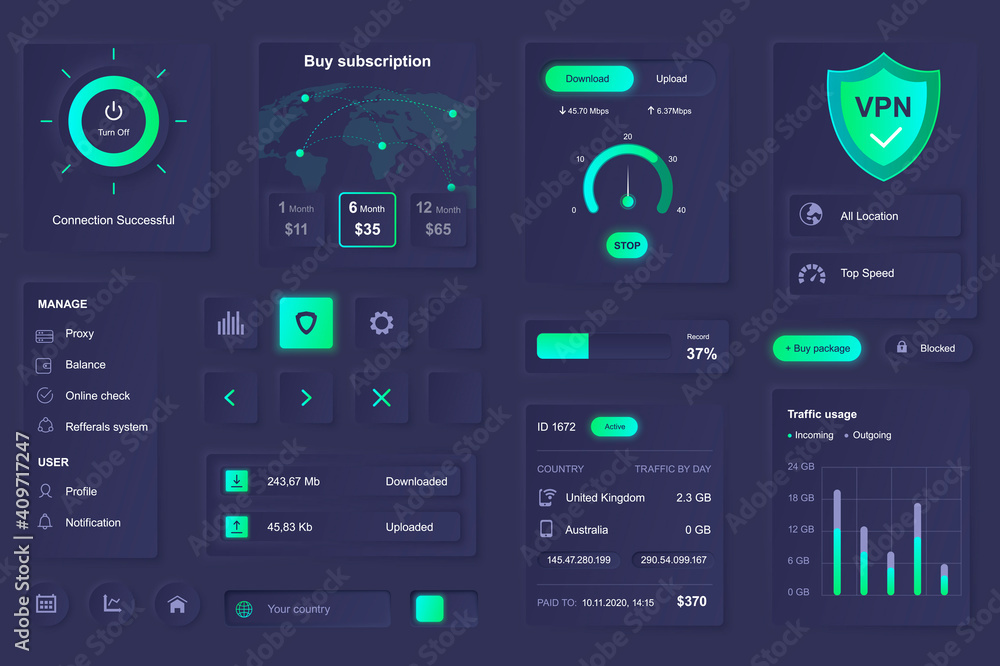 Aufkleber user interface elements for vpn service mobile app. unique neumorphic design ui, ux, gui, kit elemen