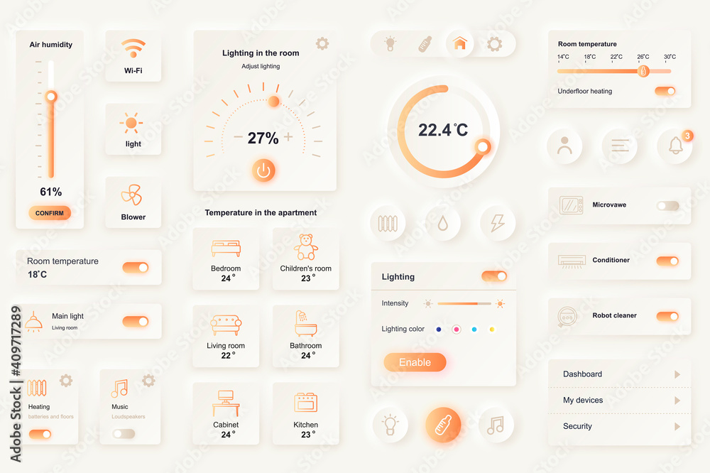 Poster user interface elements for smart home mobile app. unique neumorphic design ui, ux, gui, kit element