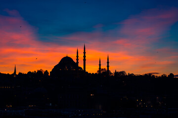 Silhouette of Suleymaniye Mosque and Golden Horn. Istanbul background photo. Ramadan in Istanbul....