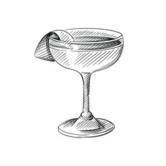 Hand drawn sketch of Cocktail drink in champagne saucer on a white background. Cocktail drinks. Drinks in cocktail glasses. Alcohol beverages - 409717656