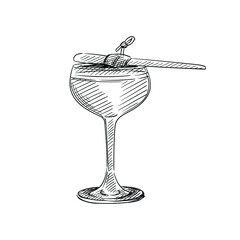 Hand drawn sketch of Cocktail drink in balloon wine glass on a white background. Cocktail drinks. Drinks in cocktail glasses. Alcohol beverages