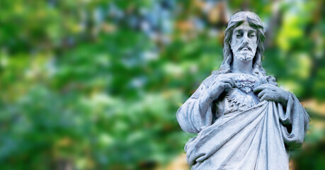 Ancient statue of Jesus Christ. Free copy space for design or text.