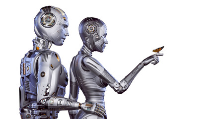 3d render of two futuristic robots man and woman carefully looking at the butterfly sitting on female's forefinger. Upper bodies isolated on white background 