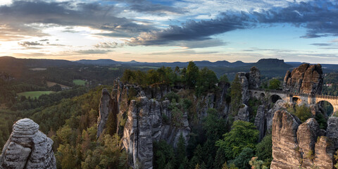 Panorama of the Bastei bridge at the Bastei sandstone mountains