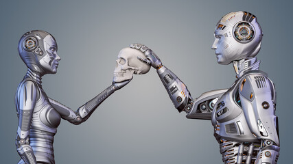 3d render of two detailed futuristic robots man and woman holding human's skull. Side view of the upper bodies isolated on color background.