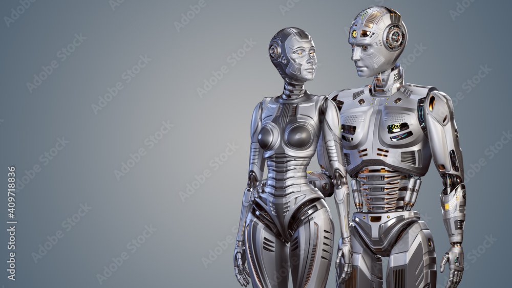 Poster 3d render of two futuristic robots man and woman looking at each other. upper body isolated on color