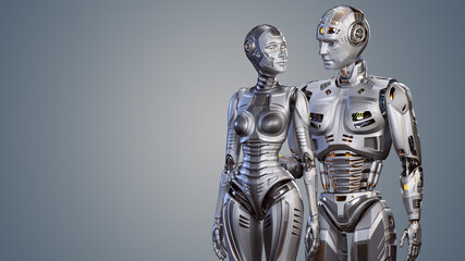 3d render of two futuristic robots man and woman looking at each other. Upper body isolated on color background with copy space for text