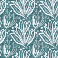 Aegean teal mottled flower linen texture background. Summer coastal living style 2 tone fabric effect. Sea green wash distressed grunge material. Decorative floral motif textile seamless pattern 