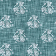 Aegean teal mottled flower linen texture background. Summer coastal living style 2 tone fabric effect. Sea green wash distressed grunge material. Decorative floral motif textile seamless pattern 