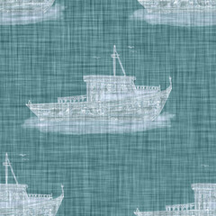 Aegean teal fishing boat bird linen texture background. Summer coastal living style 2 tone fabric effect. Sea green wash distressed grunge material. Decorative ship motif textile seamless pattern 
