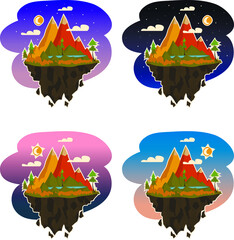 Flying islands with mountains, pine trees and lake. Sun, night moon and stars Cartoon flat illustration. Times of Day