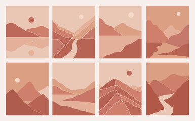 Modern minimalist abstract mountain landscapes aesthetic illustrations. Bohemian style wall decor. Collection of contemporary artistic prints